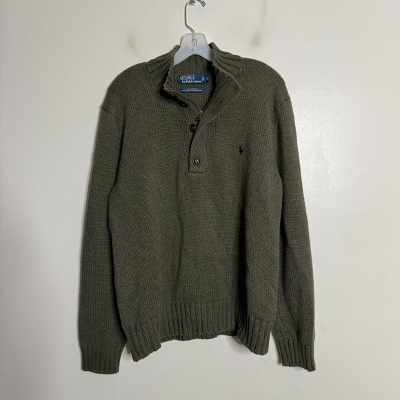 Polo Men's Large Brown Cable Knit Crew Neck Sweater 1/4 Zip Cotton - Picture 1 of 7